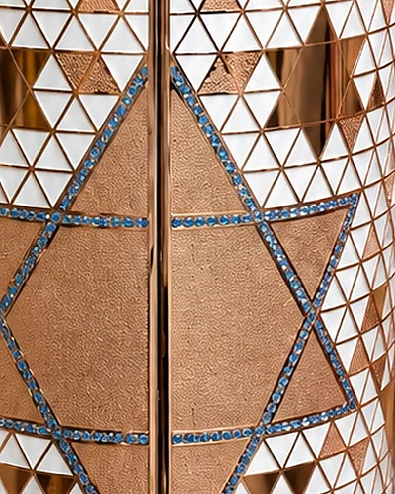 Close-up of the sky-blue Swarovski stones along the Magen David
